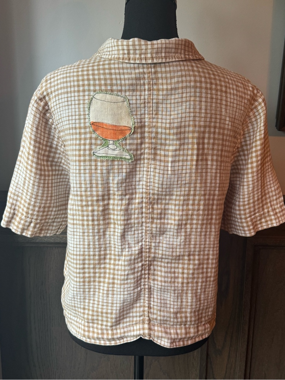 Everlane Linen Short-Sleeve Checked Button-Up Top - Tan White small - Picture 4 of 8